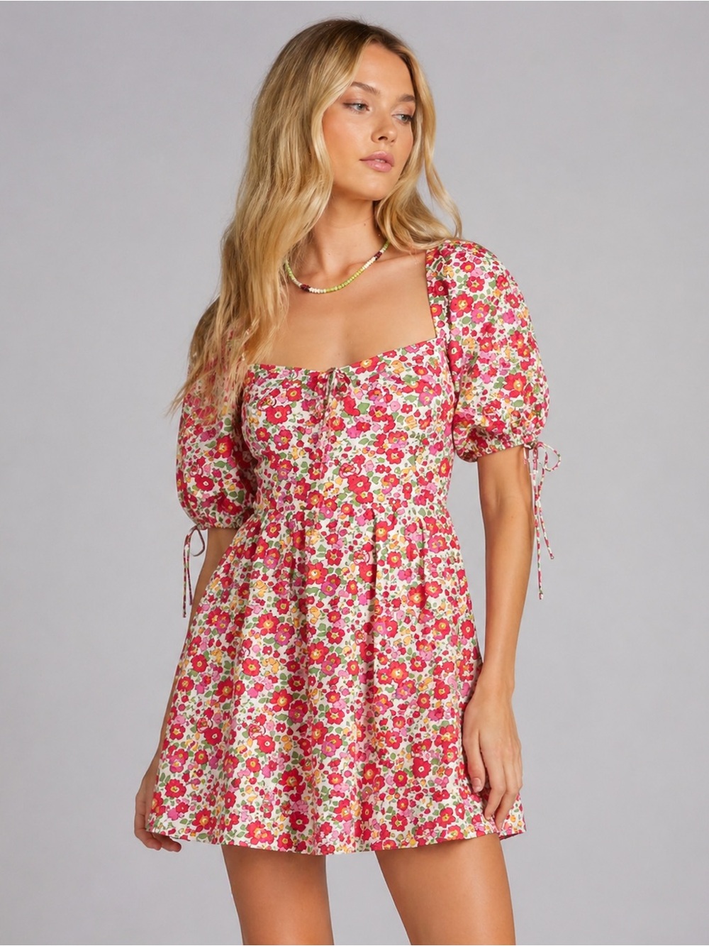 For Love & Lemons Auden Mini Dress-Puff Sleeve, Lace-Up Back, Cotton Poplin